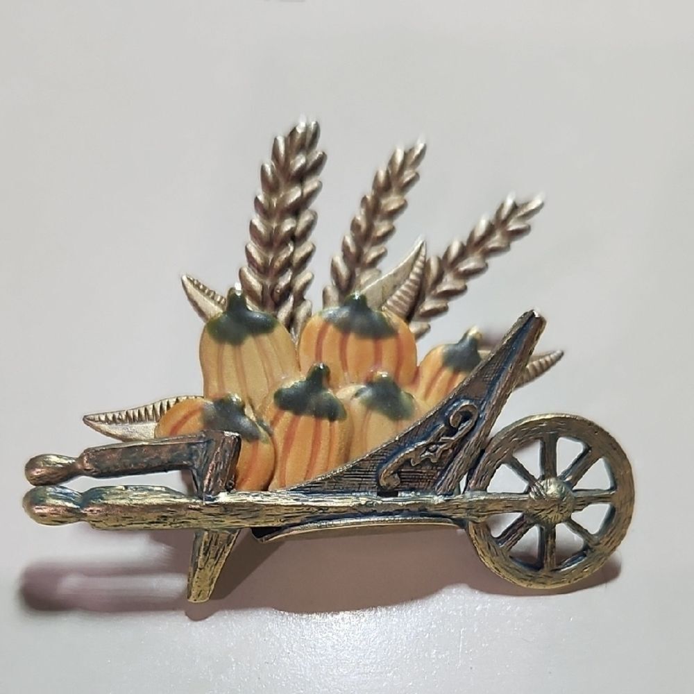 Harvest Wheelbarrow Brooch pin with Pumpkins